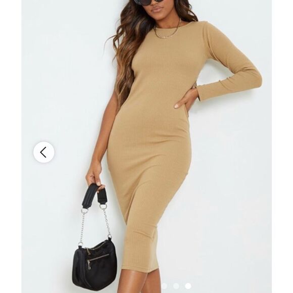 Pretty Little Thing  NWT tan size 14 dress one sleeve cut outs - Picture 2 of 11